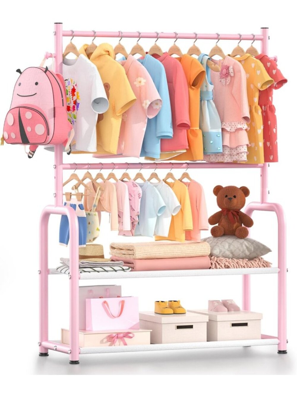Pink 2-Tier Kids Clothing Rack - Baby Closet Organizer & Toddler Dress-Up Stand